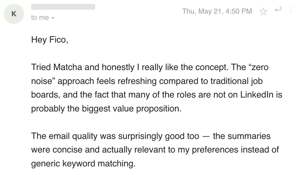 Email from a Matcha user