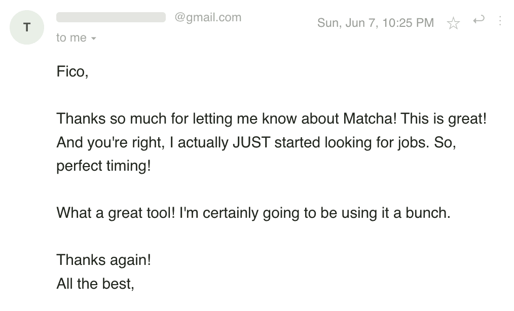 Email from a Matcha user