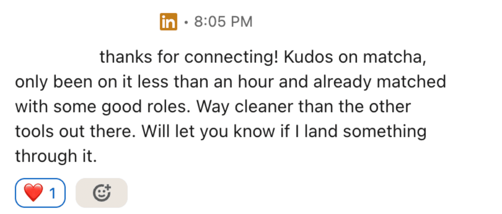 LinkedIn message from a Matcha user